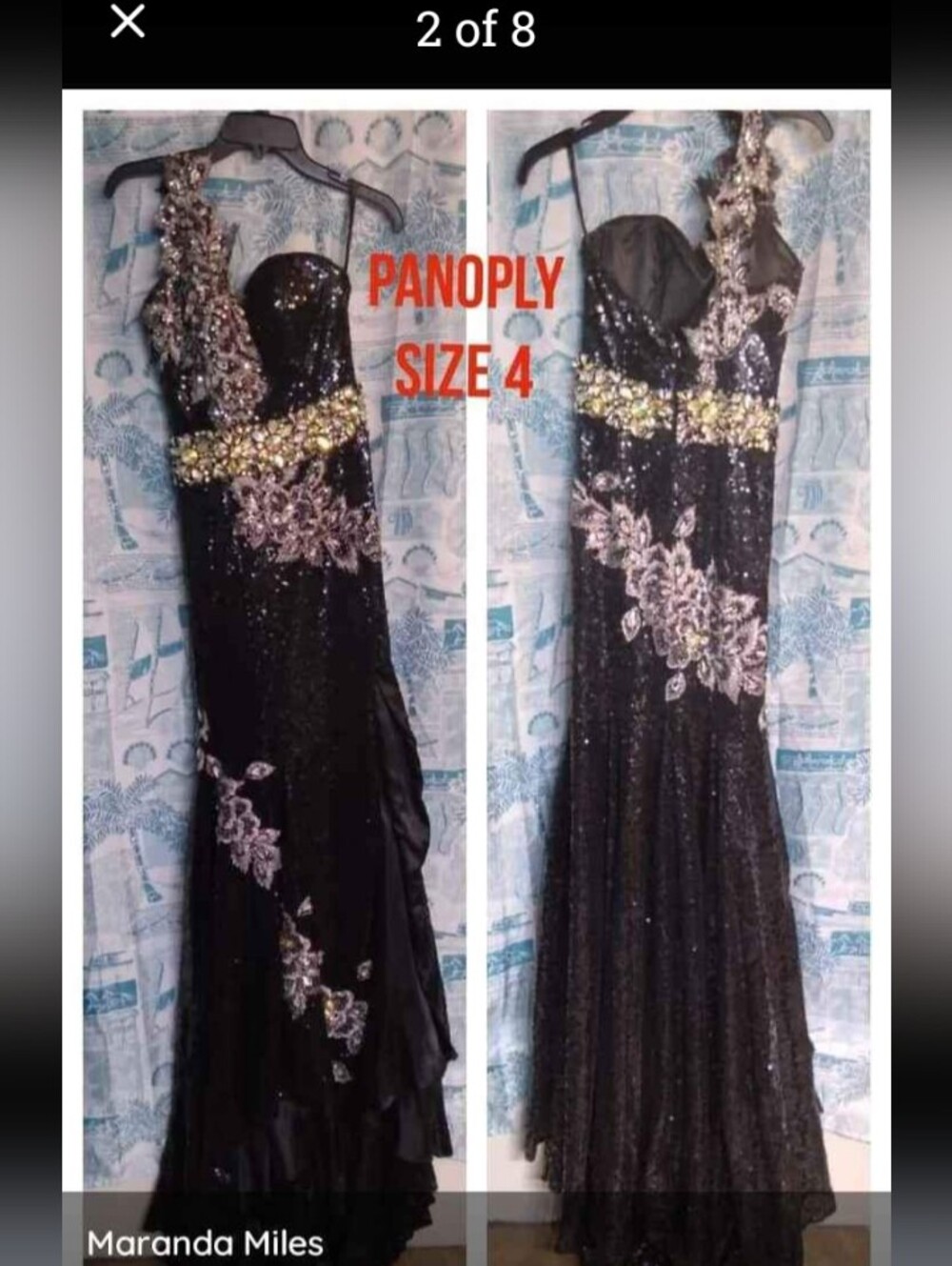 Panoply Black Sequin Evening Gown with Silver Floral Appliqué